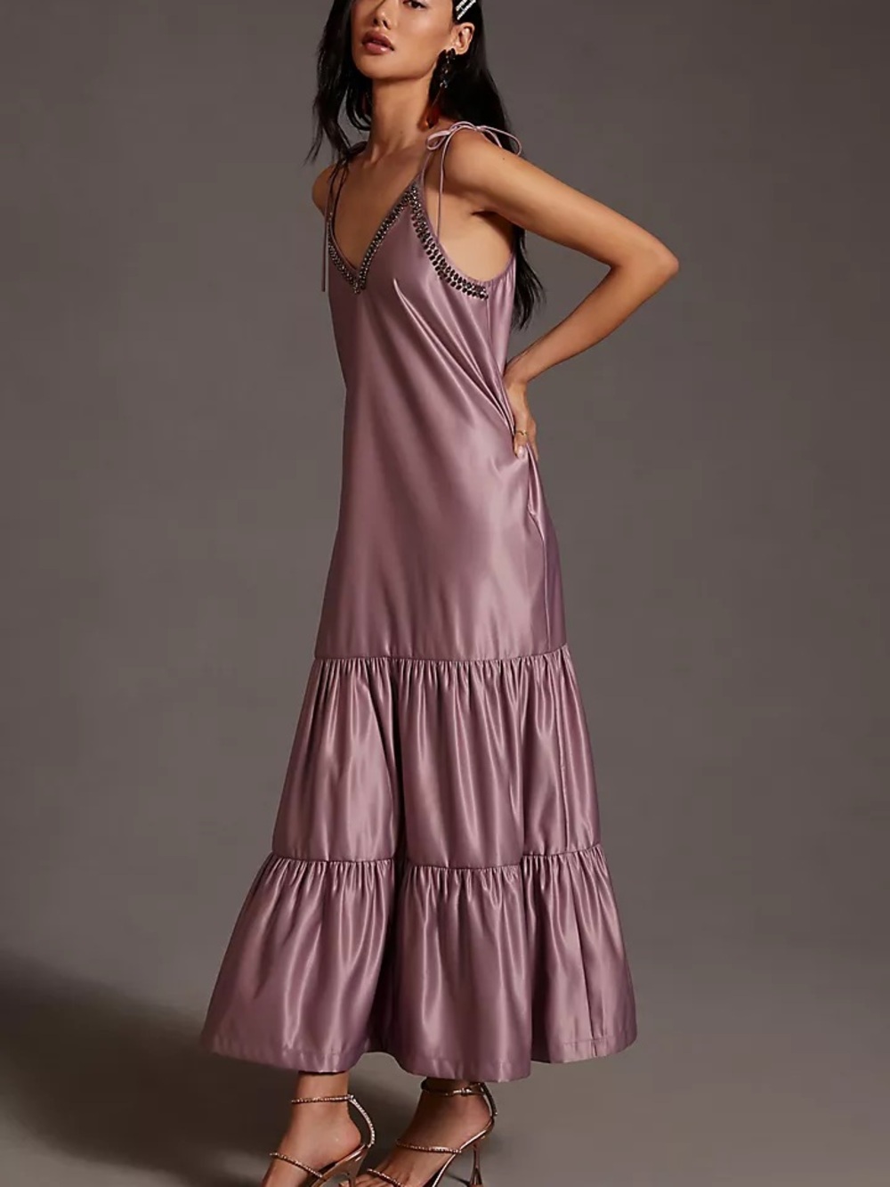 Dhruv Kapoor NWT Silk Blend Midi Dress S Embellished Strap Tiered Mauve Luxury